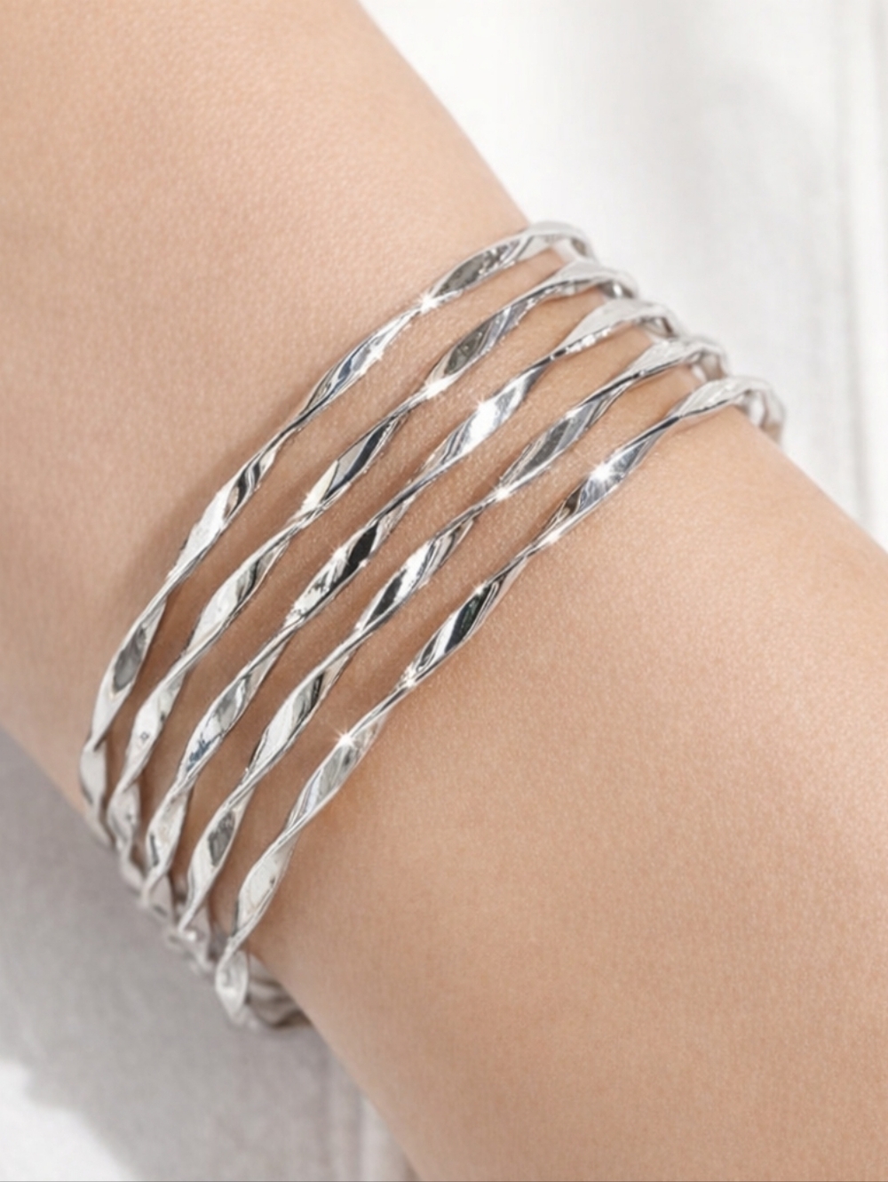 Layered Twisted Silver Tone Bracelet Set of 5 – Women's Designer Jewelry
